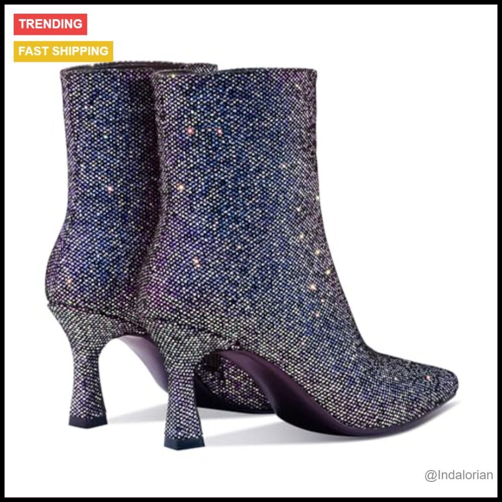 Glitter Booties Pointed Toe Kitten Heels Sparkling Sequin Ankle Boots - Picture 7 of 7